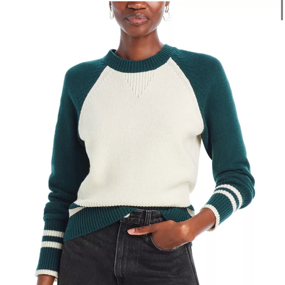 Veronica Beard Forest Green and Cream Raglan Crewneck Sweater